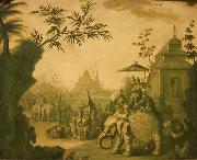 Jean-Baptiste Pillement A Chinoiserie Procession of Figures Riding on Elephants with Temples Beyond painting